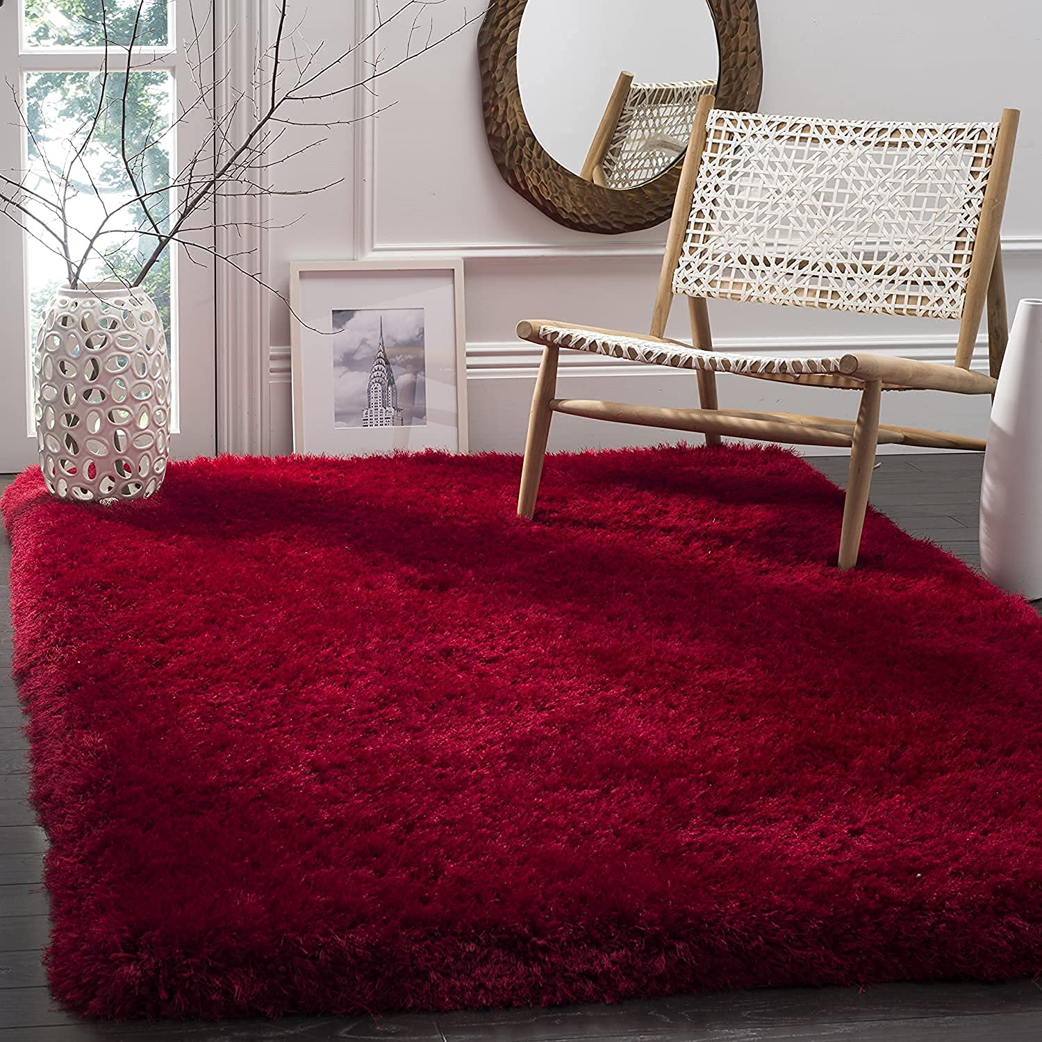 HI-Homes Red Shaded Silk Touch Shaggy Carpet | Soft Microfiber & Polyester Rug | Handmade Rug
