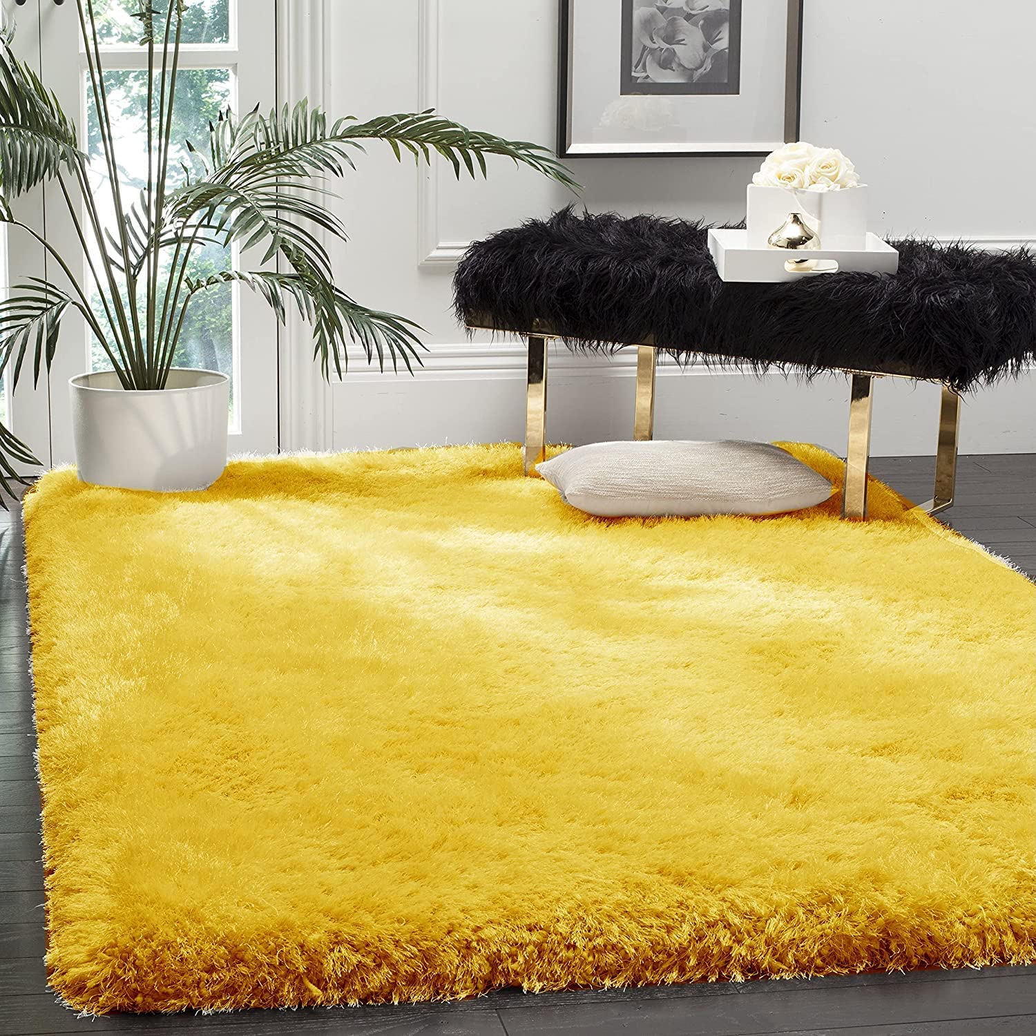 HI-Homes Yellow Shaded Silk Touch Shaggy Carpet | Soft Microfiber & Polyester Rug | Handmade Rug