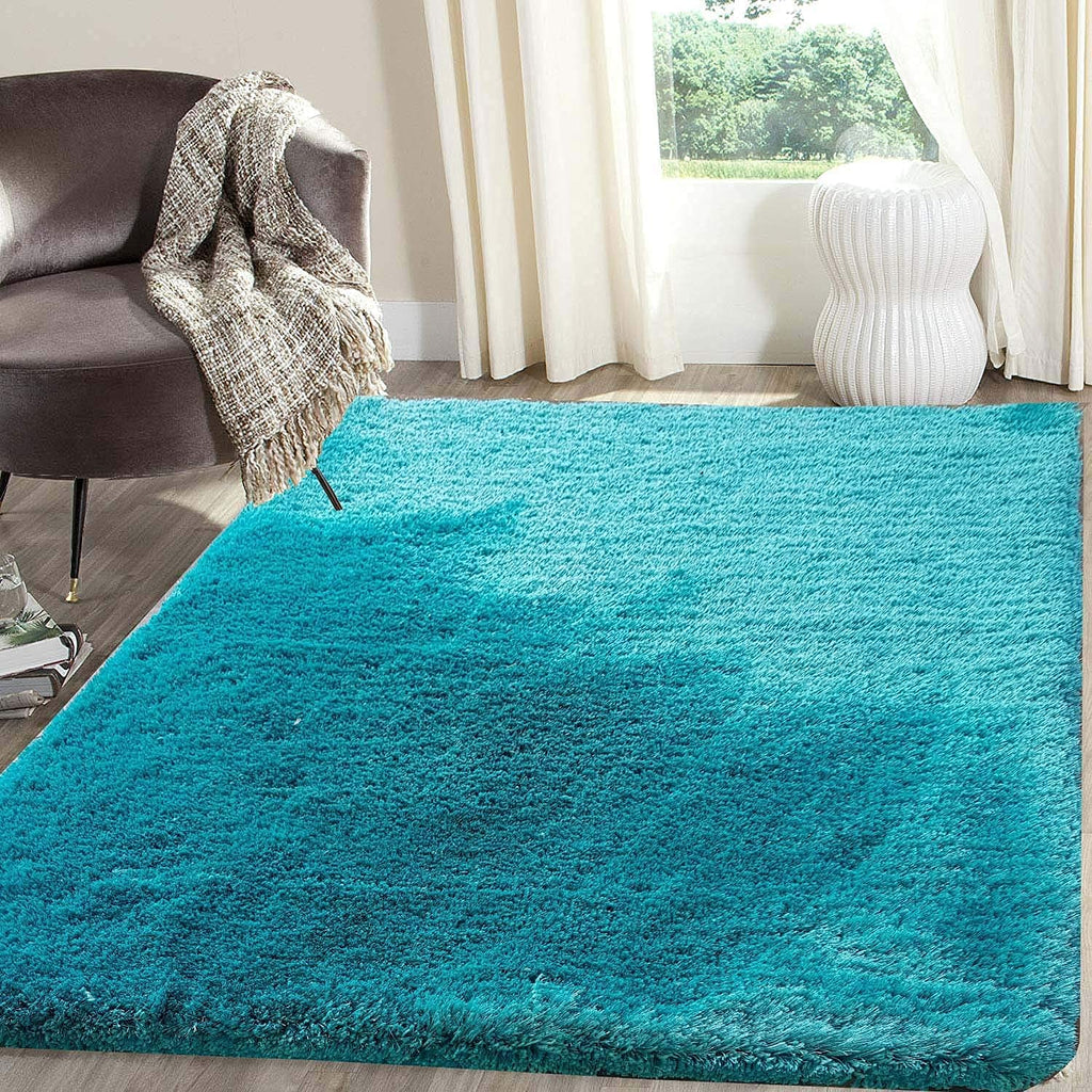 HI-Homes Turquoise Shaded Silk Touch Shaggy Carpet | Soft Microfiber & Polyester Rug | Handmade Rug