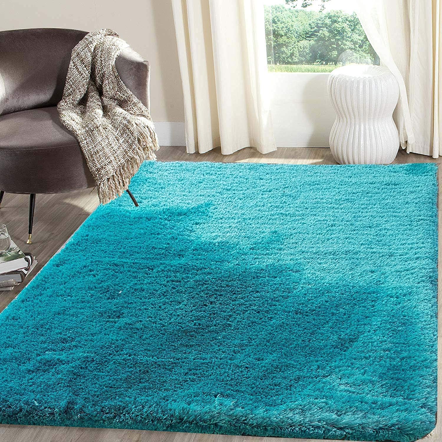 HI-Homes Turquoise Shaded Silk Touch Shaggy Carpet | Soft Microfiber & Polyester Rug | Handmade Rug