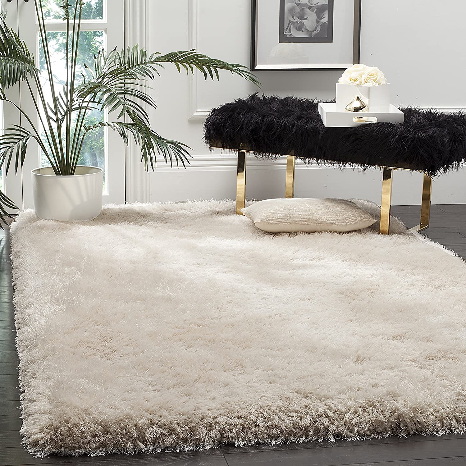 HI-Homes Ivory Shaded Silk Touch Shaggy Carpet | Soft Microfiber & Polyester Rug | Handmade Rug