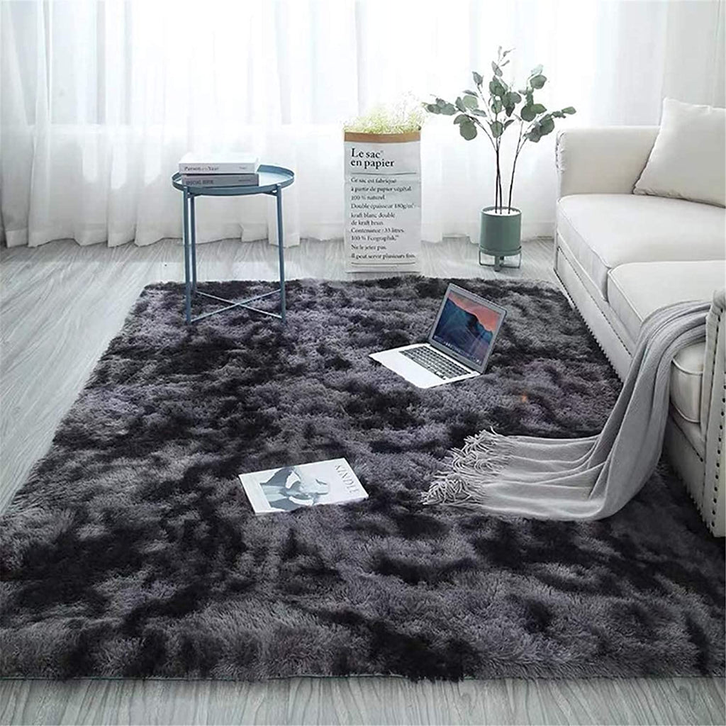 HI-Homes Black Shaded Silk Touch Shaggy Carpet | Soft Microfiber & Polyester Rug | Handmade Rug