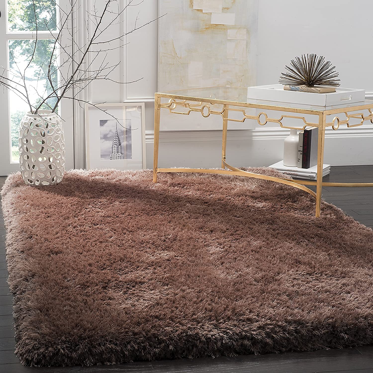 HI-Homes Brown Mint Shaded Silk Touch Shaggy Carpet | Soft Microfiber & Polyester Rug | Handmade Rug