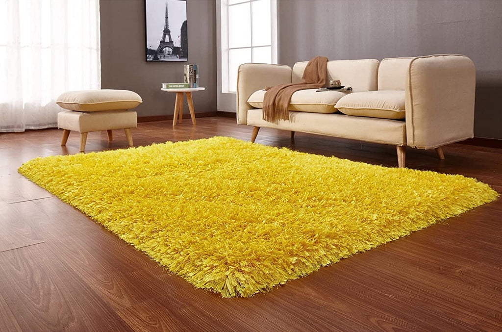 HI-Homes Mustard Shaded Silk Touch Shaggy Carpet | Soft Microfiber & Polyester Rug | Handmade Rug