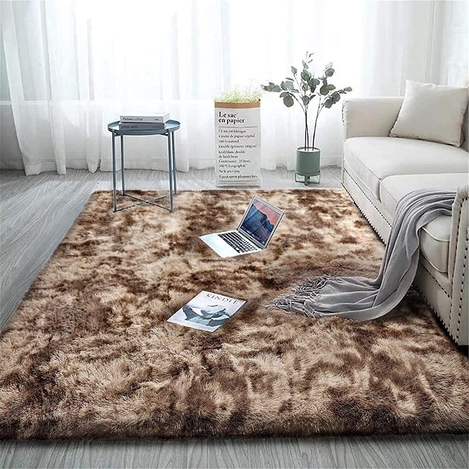 HI-Homes Sour Beige Shaded Silk Touch Shaggy Carpet | Soft Microfiber & Polyester Rug | Handmade Rug