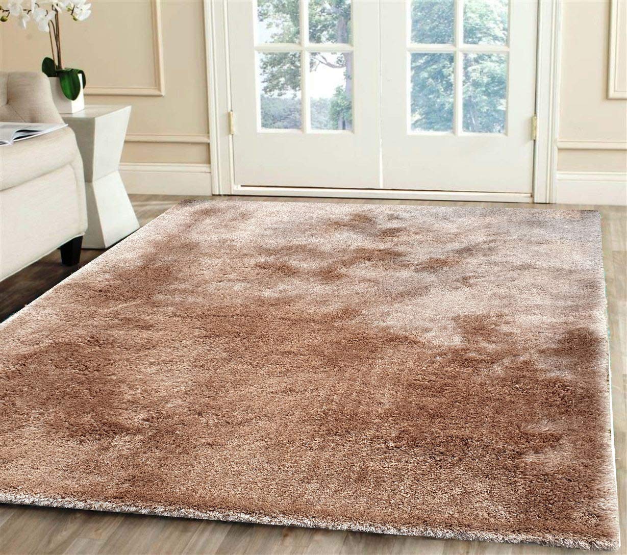 HI-Homes Sour Beige Shaded Silk Touch Shaggy Carpet | Soft Microfiber & Polyester Rug | Handmade Rug